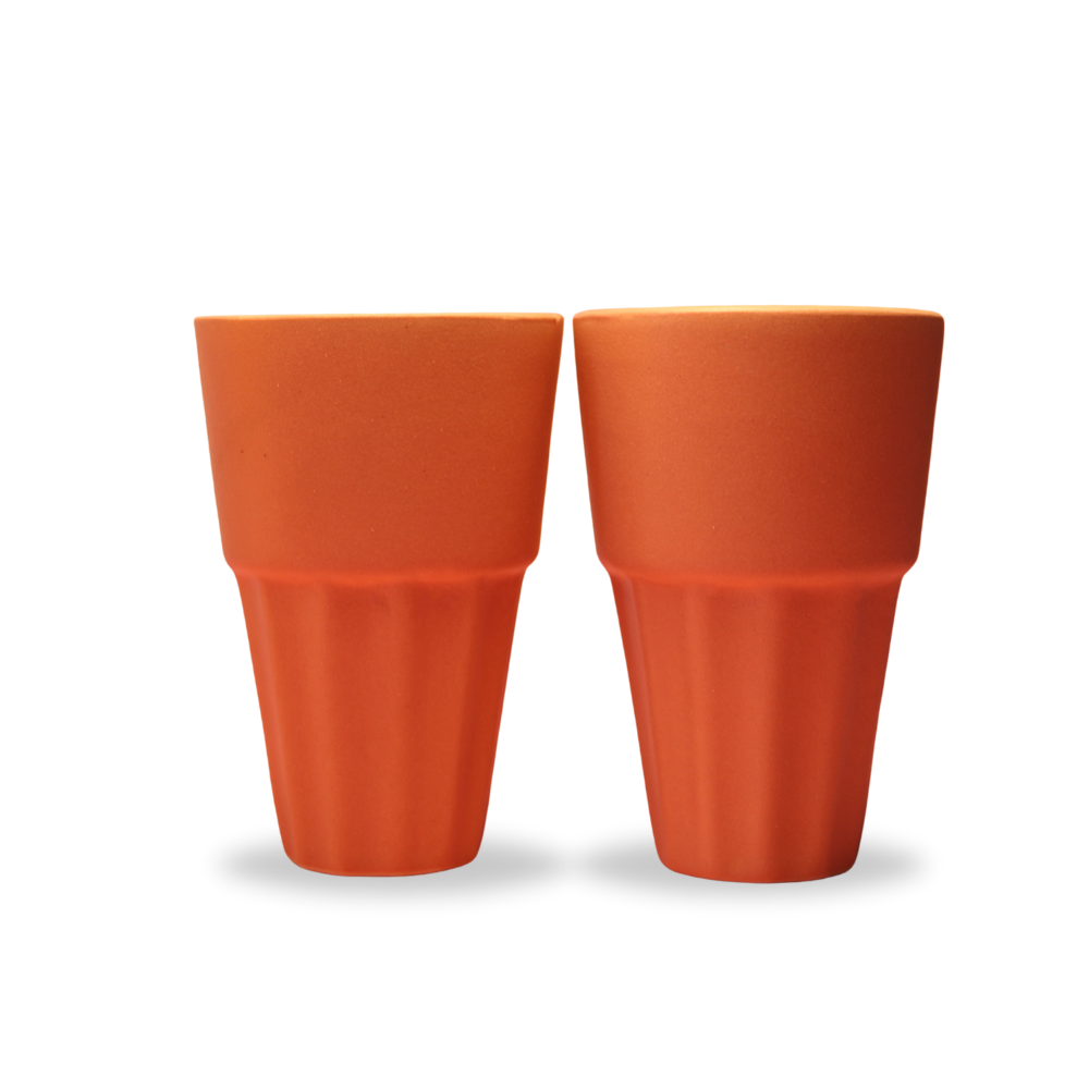 Rustic Terracotta Ceramic Cups with Fluted Design. Set of 2