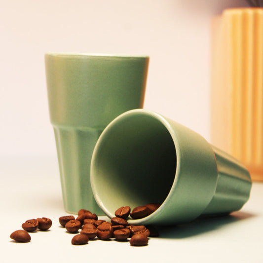 Modern Green Ceramic Espresso Cups with Fluted Design. Set of 2