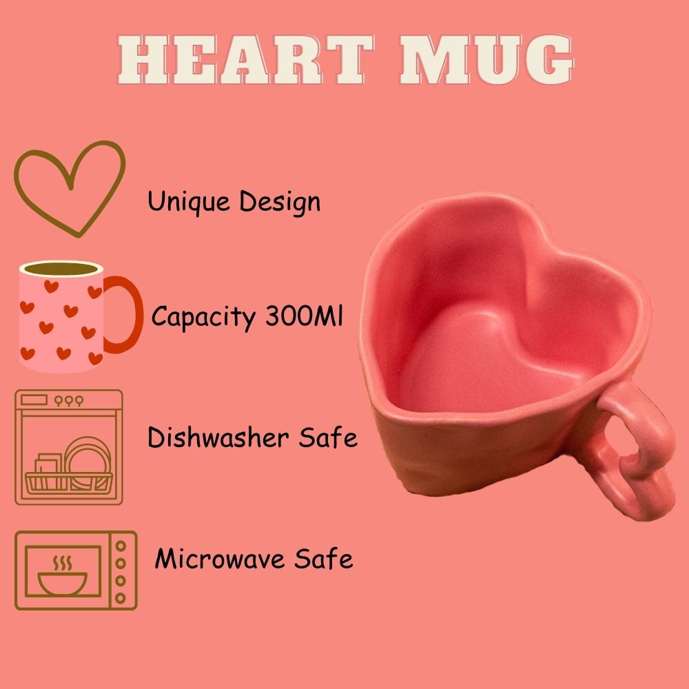 Handcrafted Pink Heart-Shaped Ceramic Mugs, Set of 2