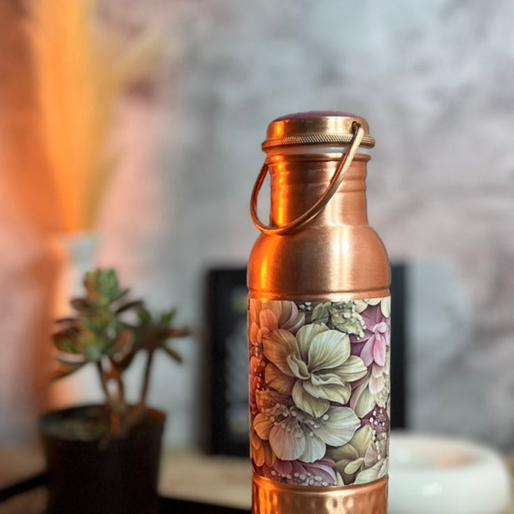 Pink Flowers Printed Copper Bottle