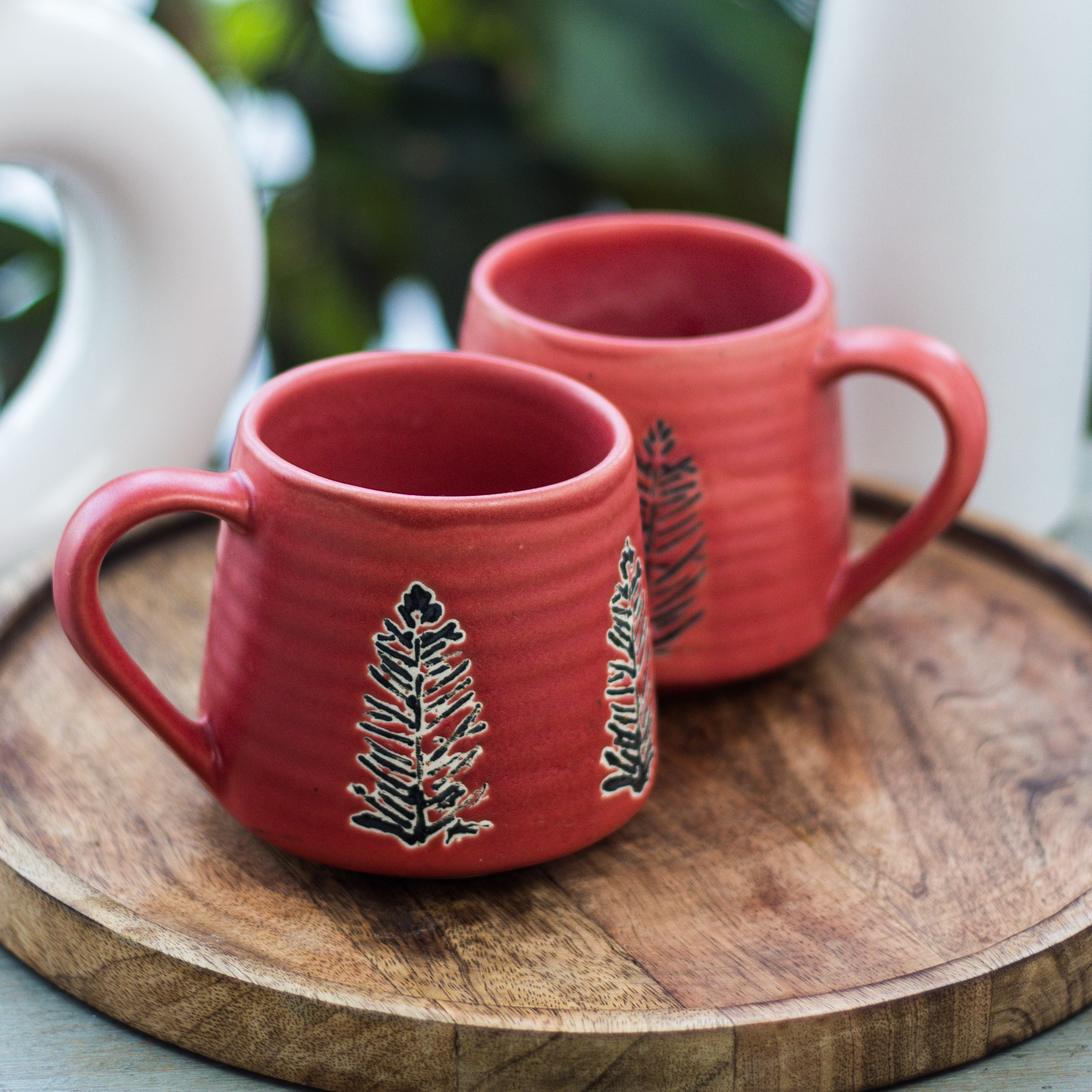 Set of Red Fall Leaves Ceramic Coffee Mugs, Extra Large Hand shops Built Stoneware Mug