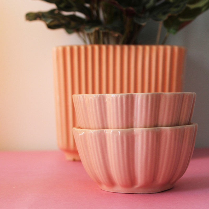 "Elegant Pink Fluted Ceramic Bowls"