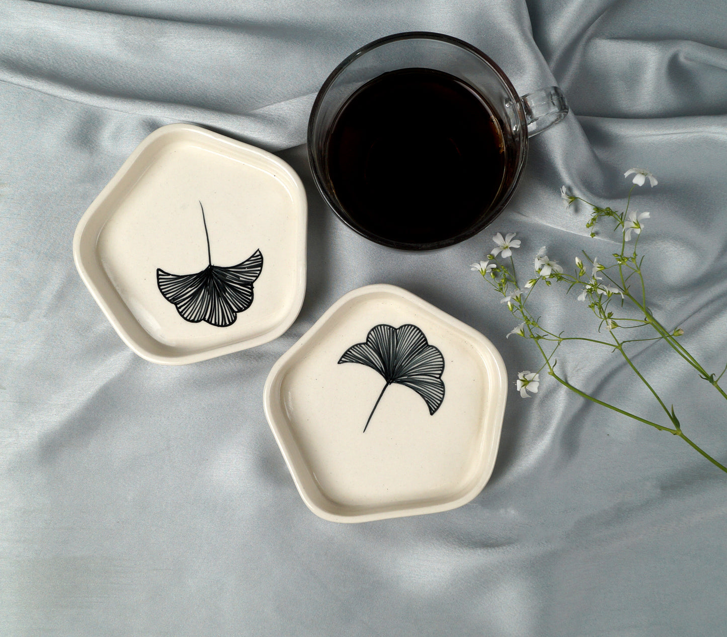 Elegance in Ebony: Set of 2 Ceramic Black Leaf-Painted Small Plates