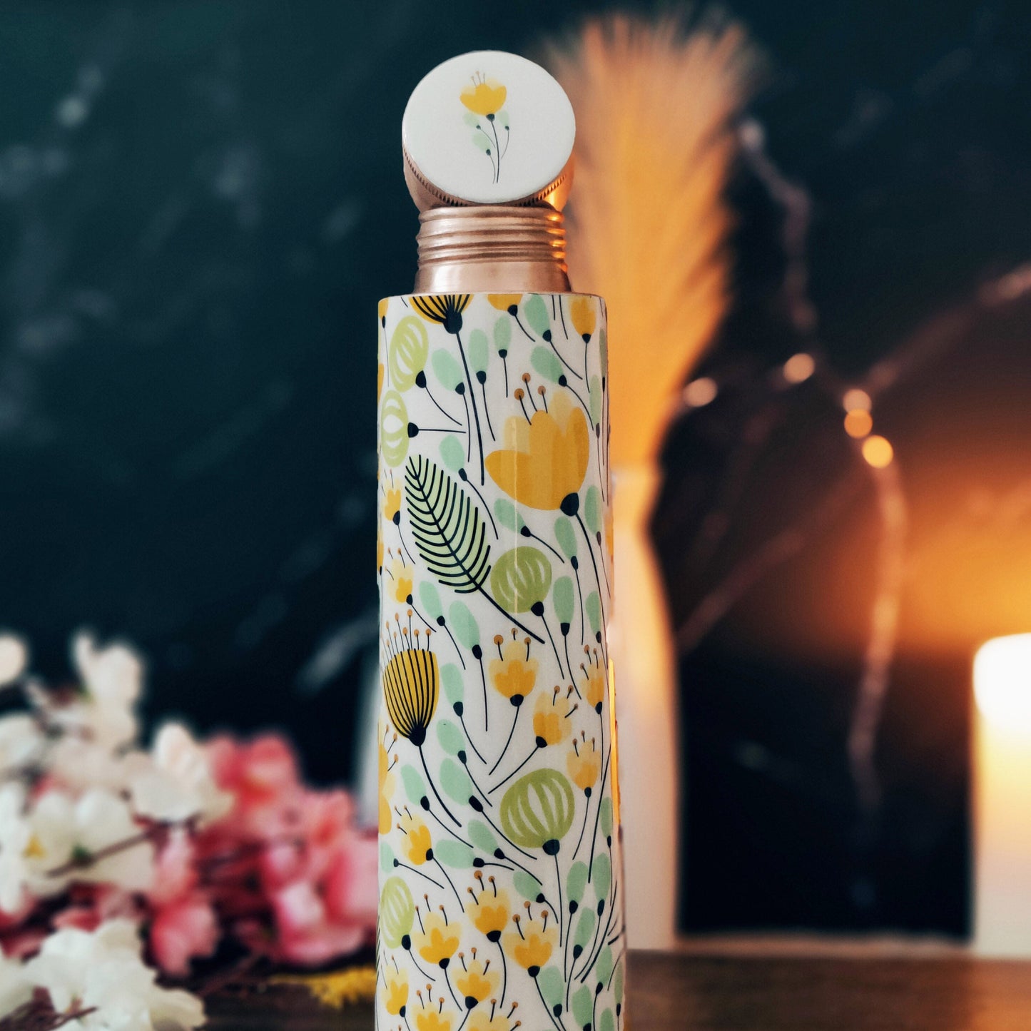 Yellow Flower Print Copper Bottle