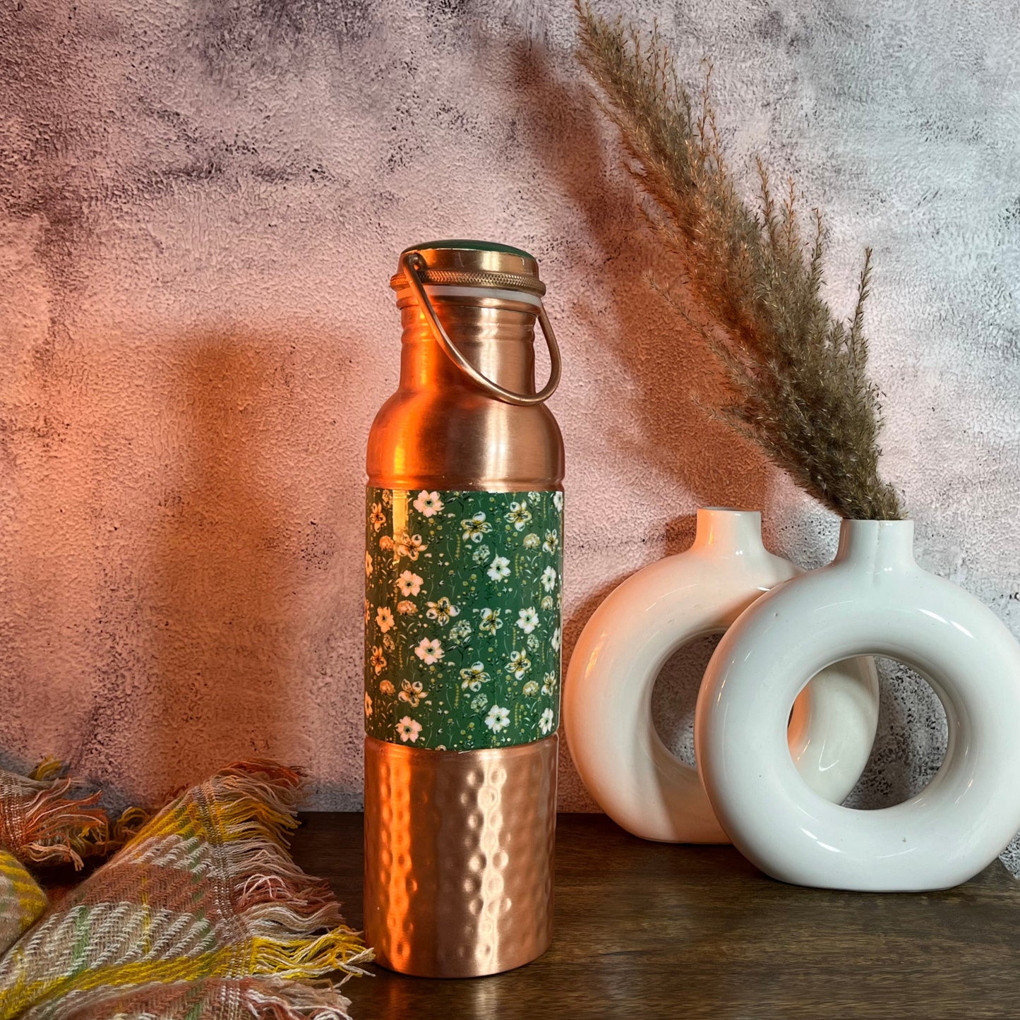 Green Flowers Printed Copper Bottle