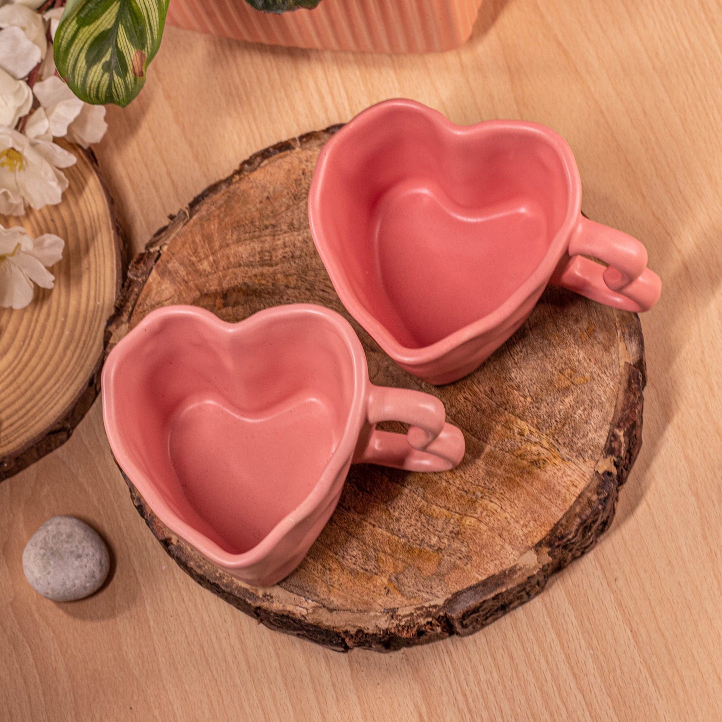 Handcrafted Pink Heart-Shaped Ceramic Mugs, Set of 2