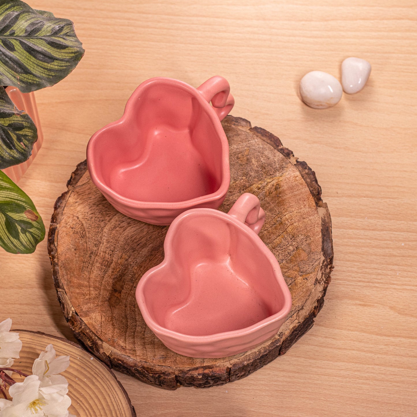 Handcrafted Pink Heart-Shaped Ceramic Mugs, Set of 2