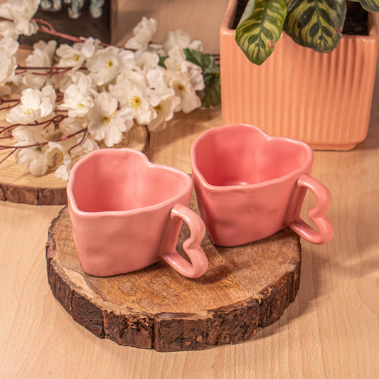 Handcrafted Pink Heart-Shaped Ceramic Mugs, Set of 2