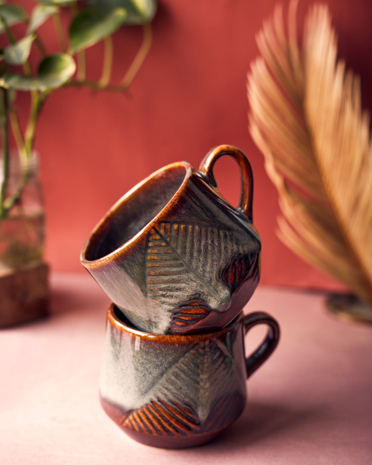 Earthy Elegance: Hand-Painted Leaf Brown Tea Cups(Set of 2)