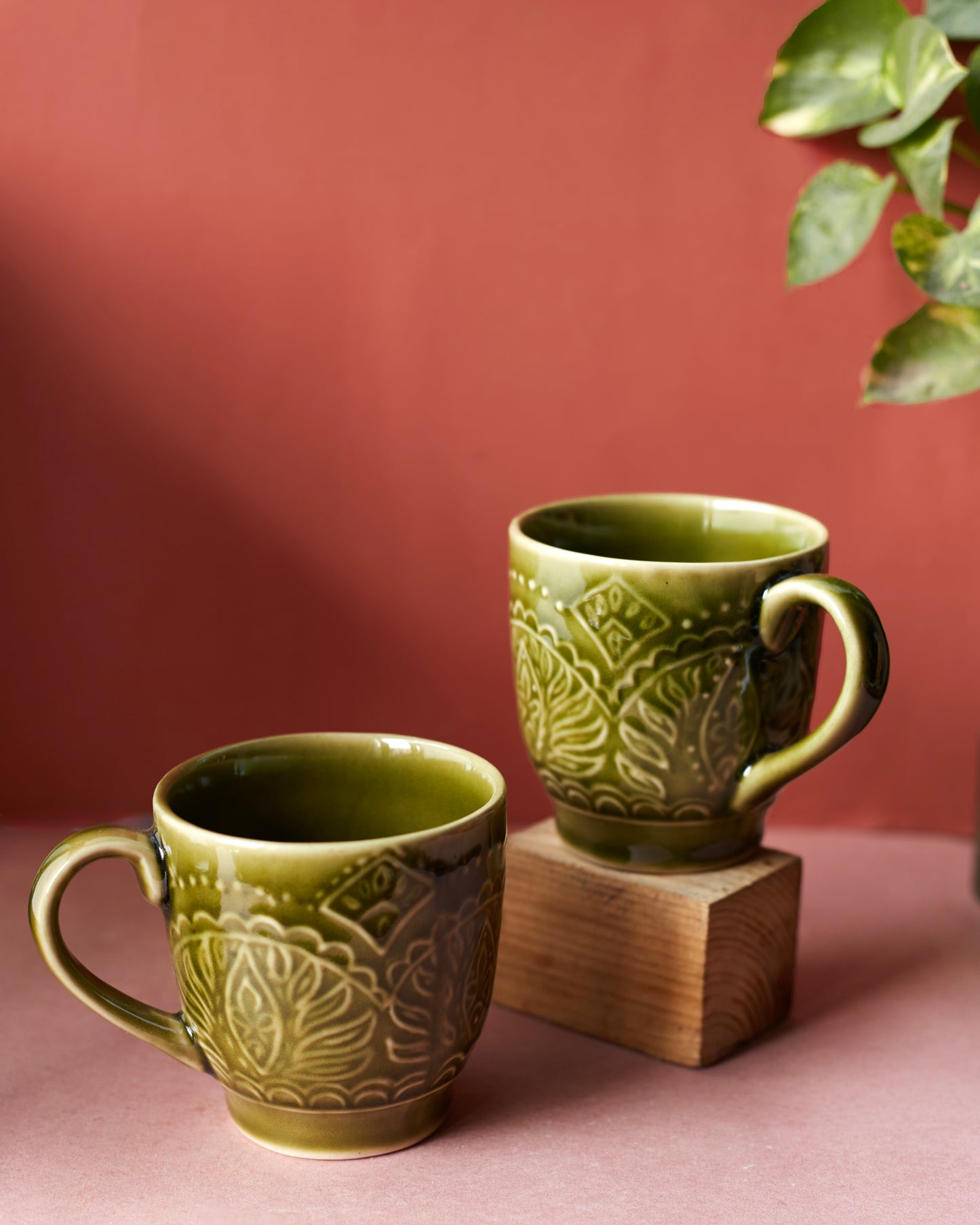Fresh Brew Delight: Green-Colored Coffee Mugs(Set of 2)