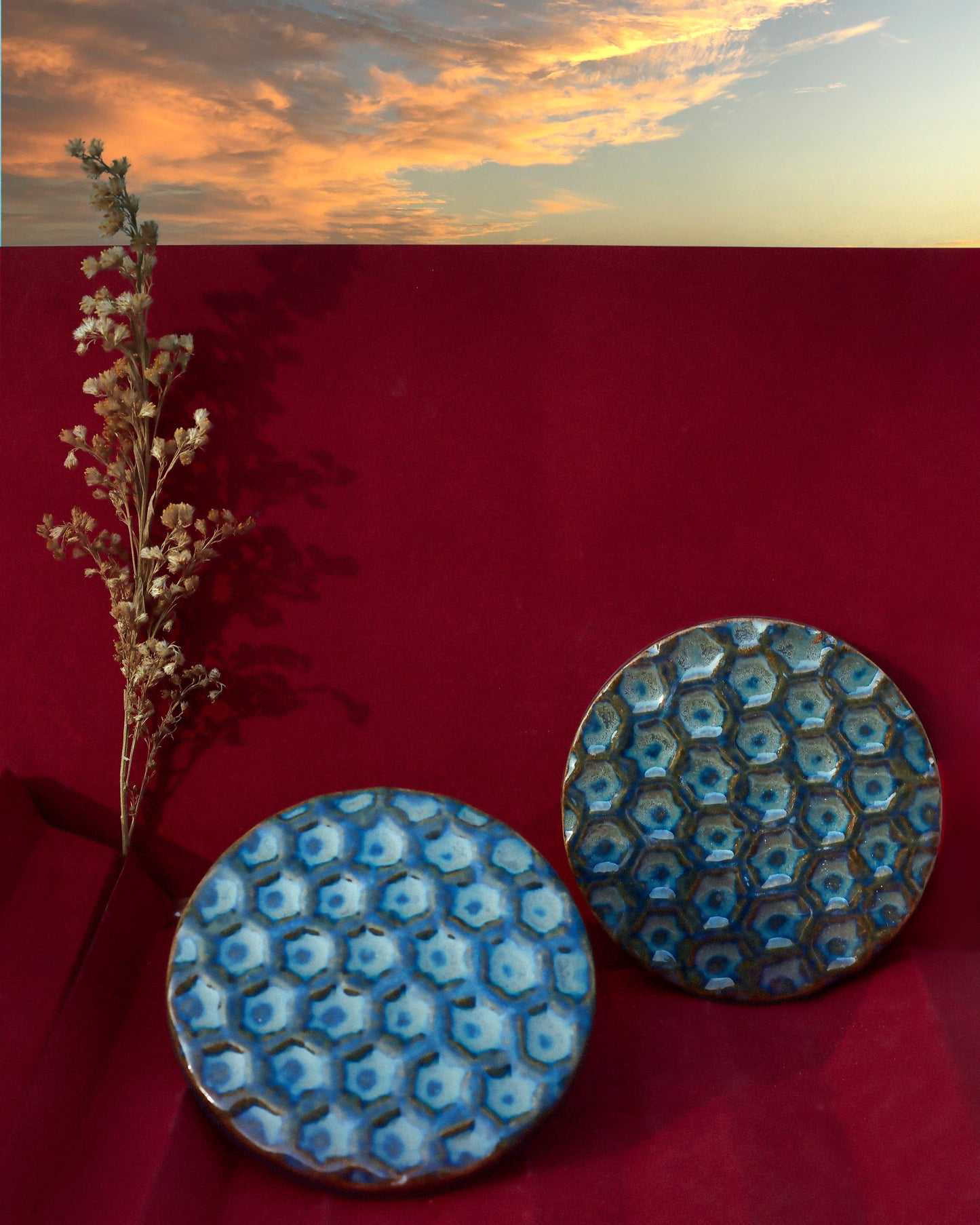 Azure Hexagons: Ceramic Blue Honeycomb Coaster (Set of 2)