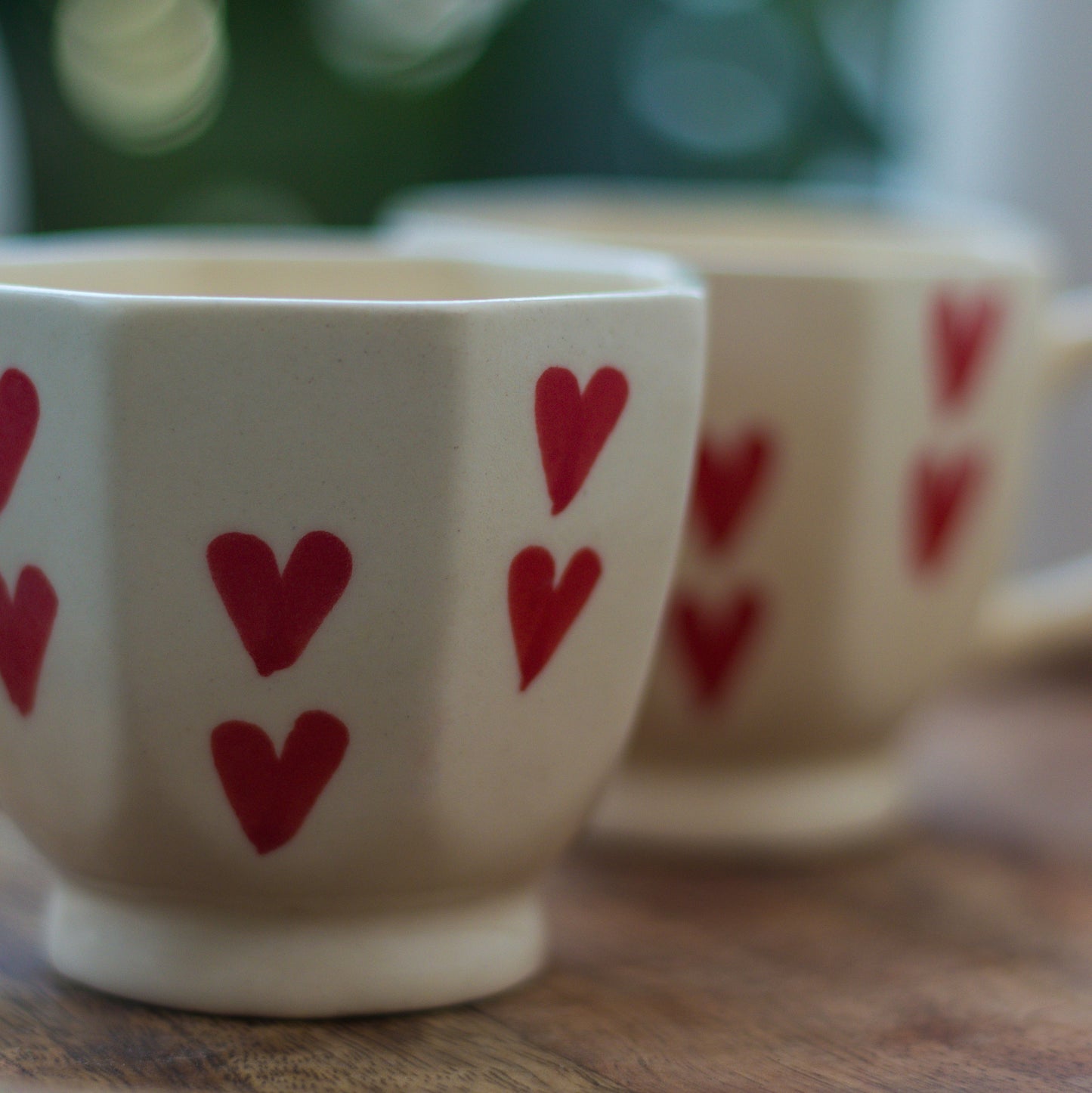 Handcrafted Octagon Ceramic Mugs with Red Hearts, Pack of 1