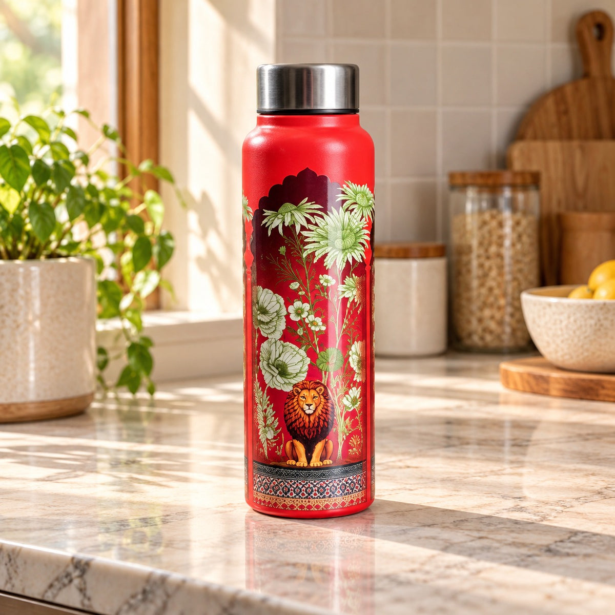 Floral Lion Print Steel Water Bottle – Red Design