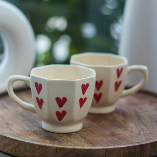 Handcrafted Octagon Ceramic Mugs with Red Hearts, Pack of 1