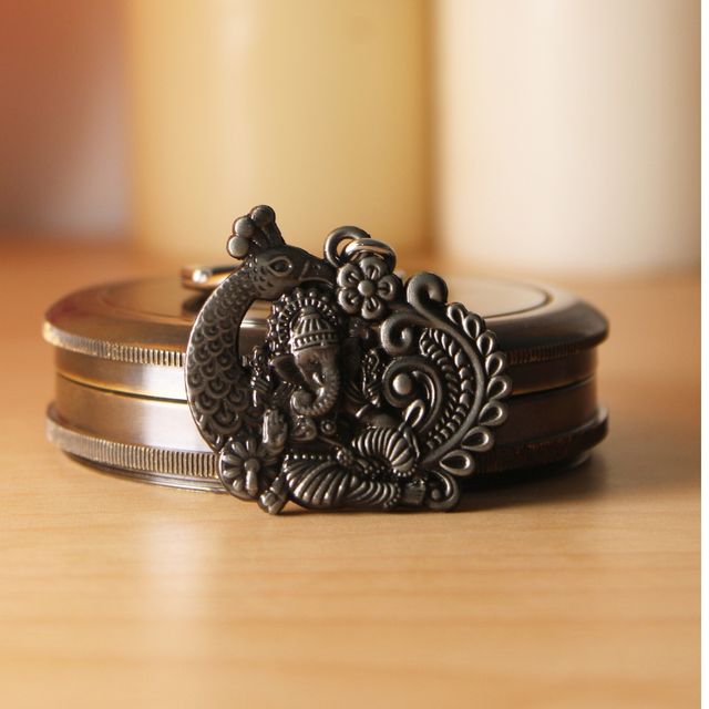 Rare Bronze Lord Ganesha and Peacock Keychain Hindu Deity Pro