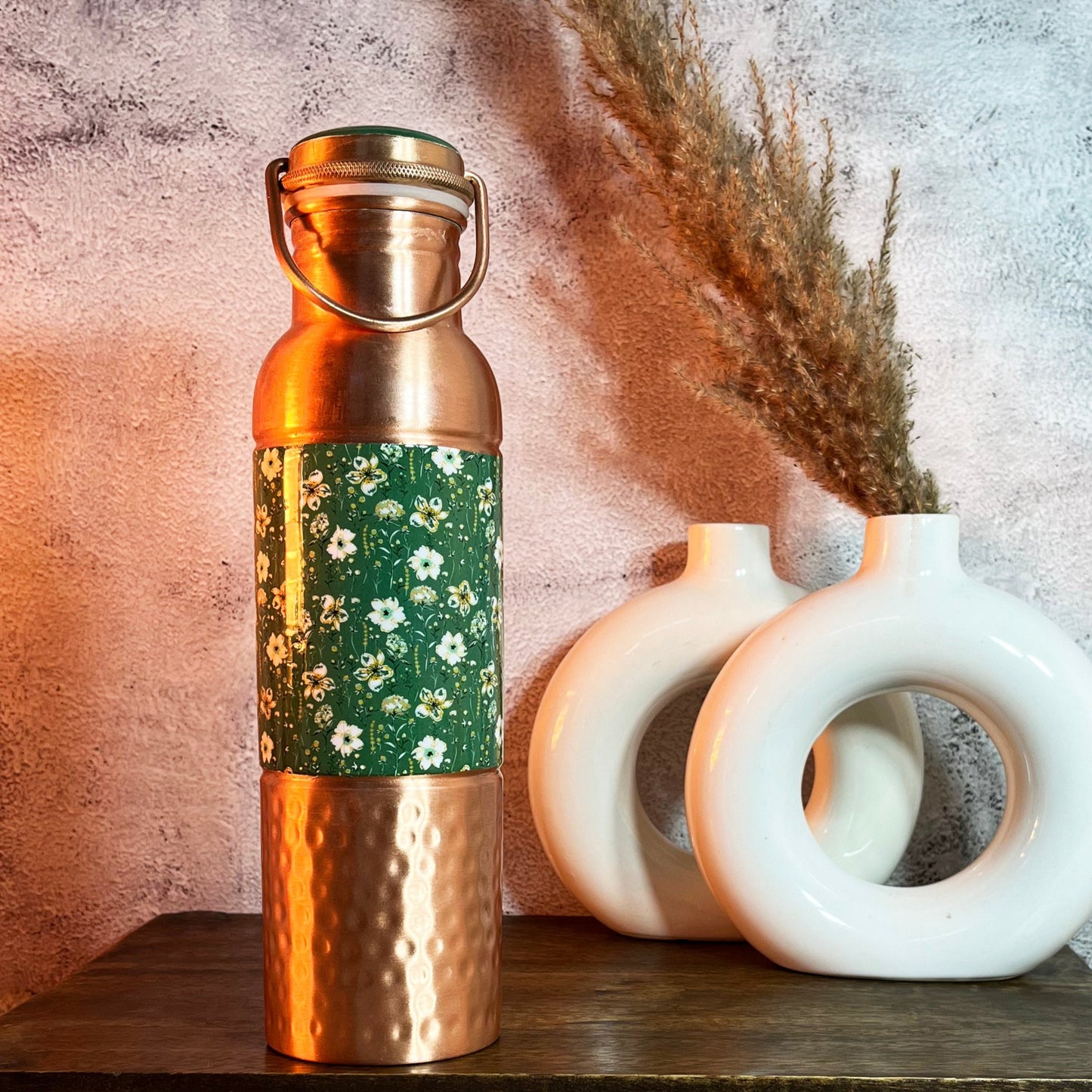 Green Flowers Printed Copper Bottle