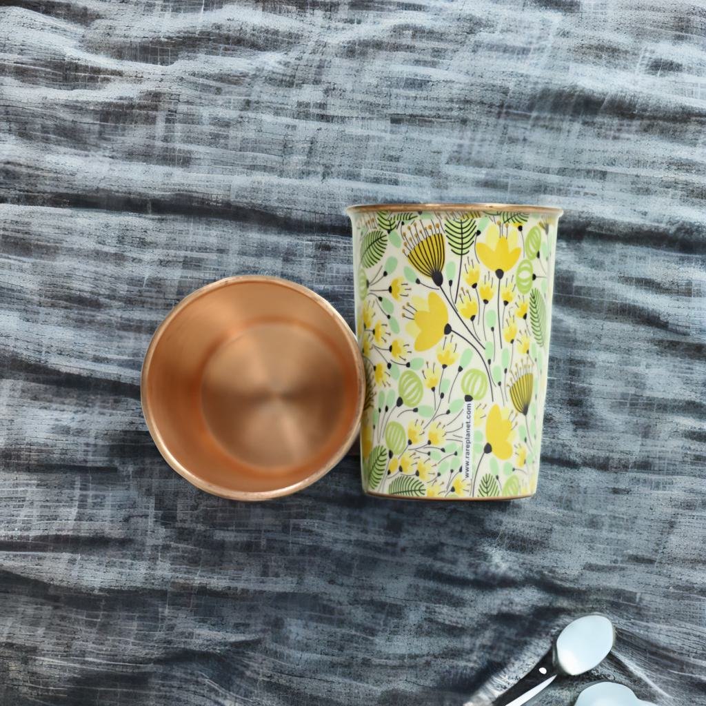 Yellow Flower Print Copper Glass (Set of Two)