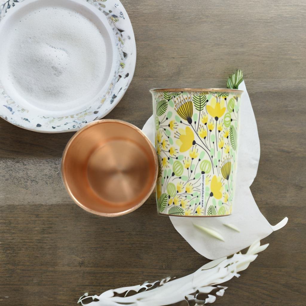 Yellow Flower Print Copper Glass (Set of Two)