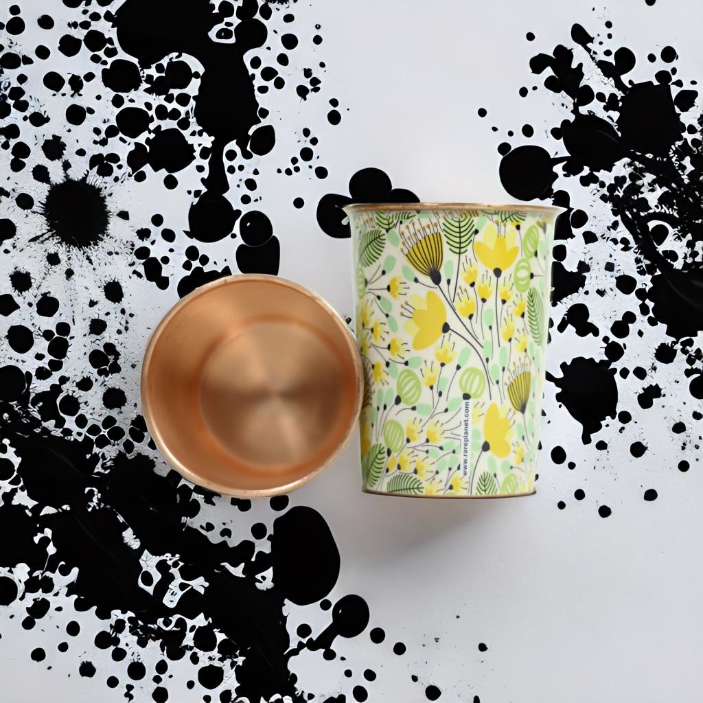 Yellow Flower Print Copper Glass (Set of Two)