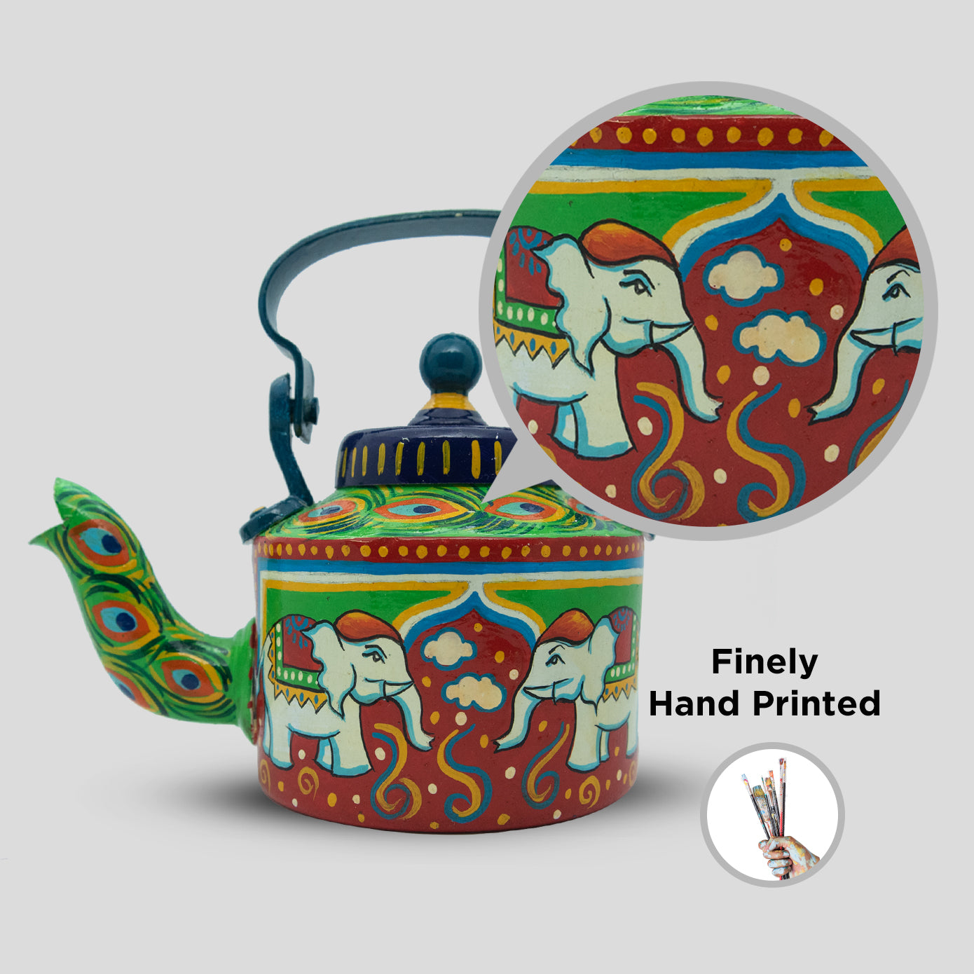 Royal Elephants Theme Handpainted Terracotta Kettle