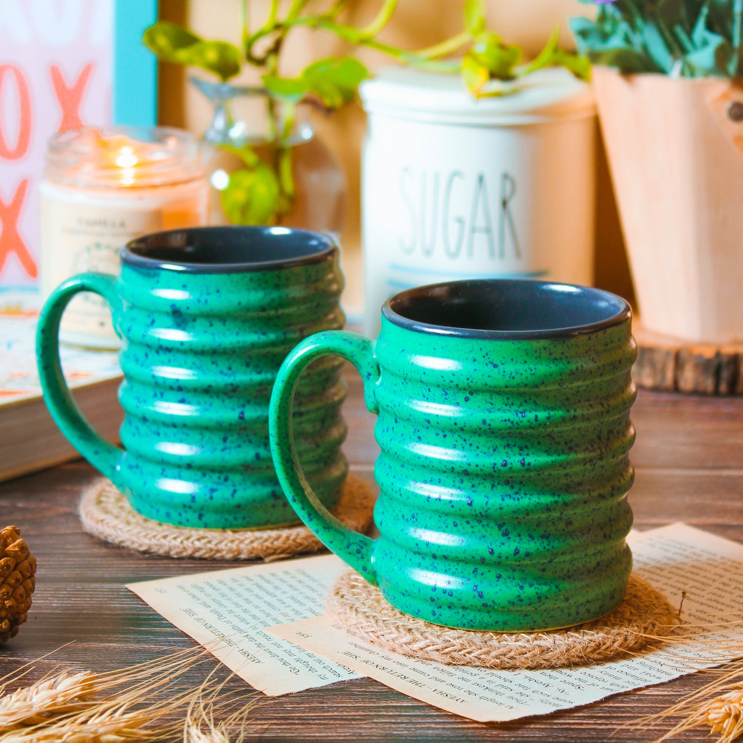 'Pop with Greens' Ceramic Coffee Mug (Set of Two)