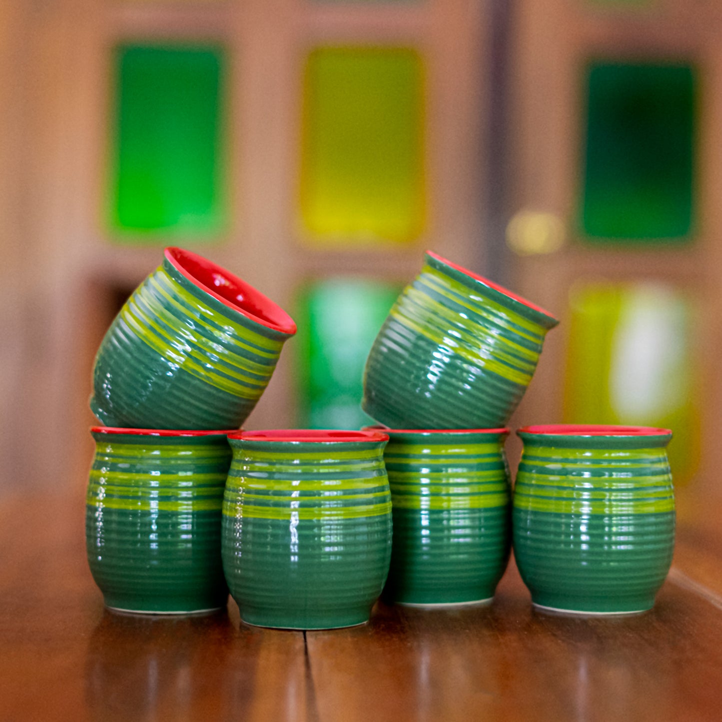 Green Catterpilar-'Sui Dhaaga Chai Mat Piyo Adhaa' Ceramic Kulhad (Set of Six)