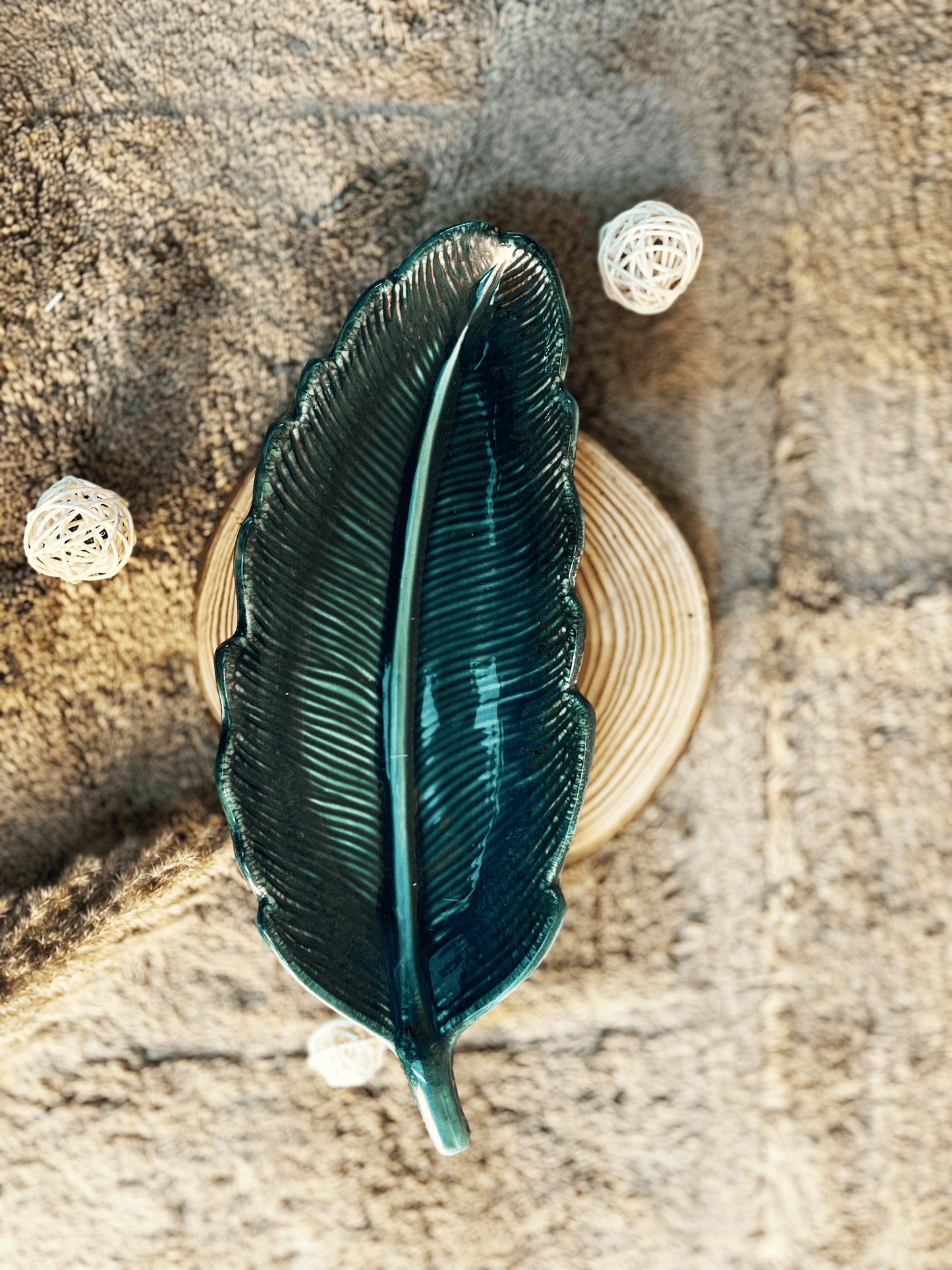 Green Leaf Antique Handmade Ceramic Platter