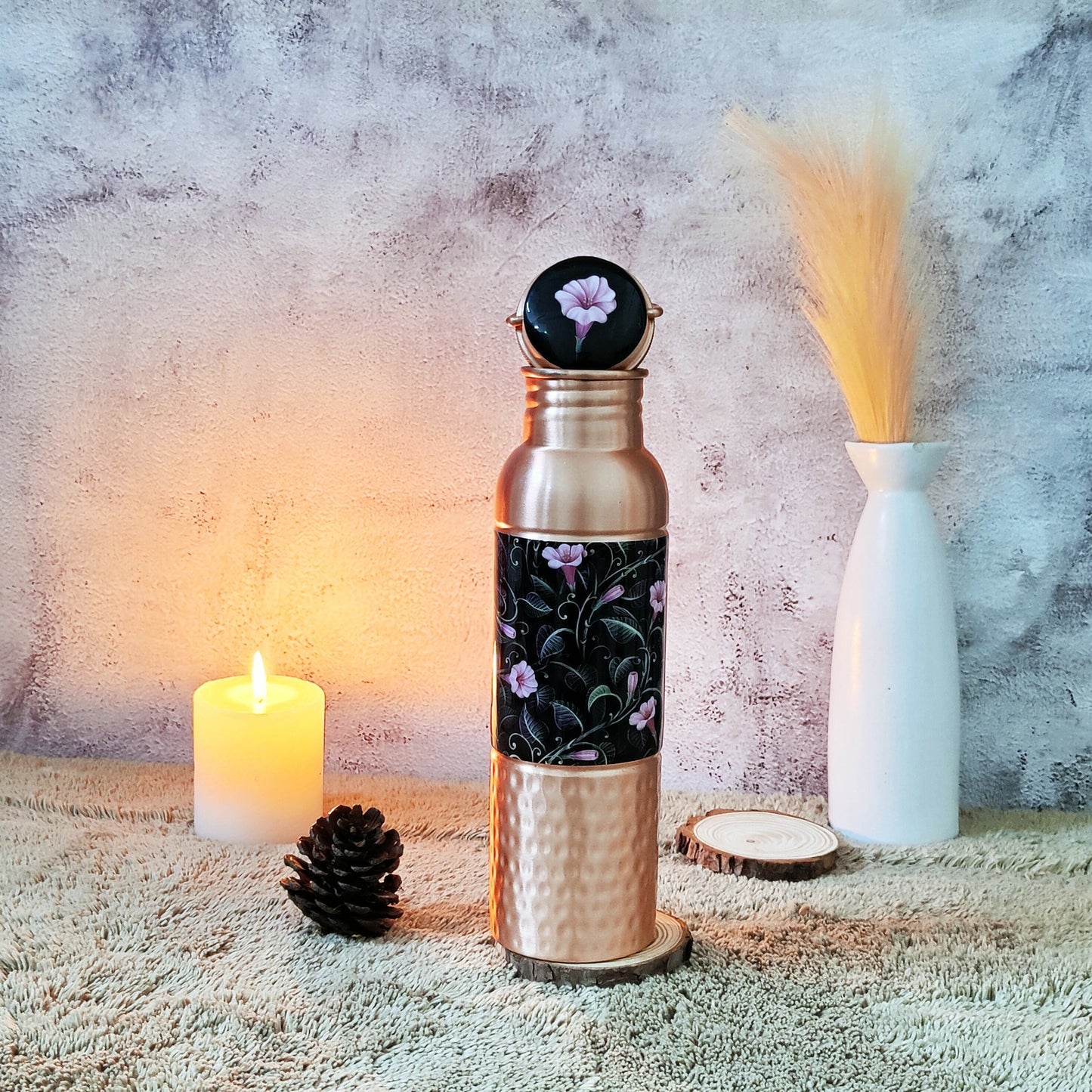 'Paani Pina Sehat Ke Liye Accha Hota Hai' Black Flowers Printed Copper Bottle
