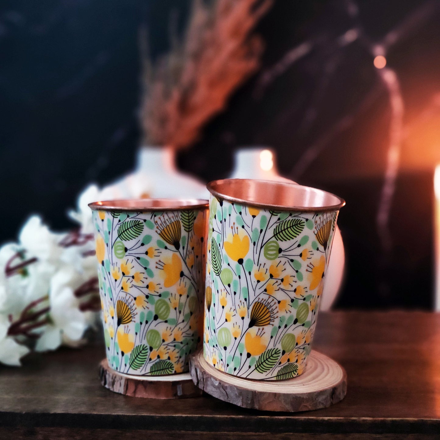 Yellow Flower Print Copper Glass (Set of Two)