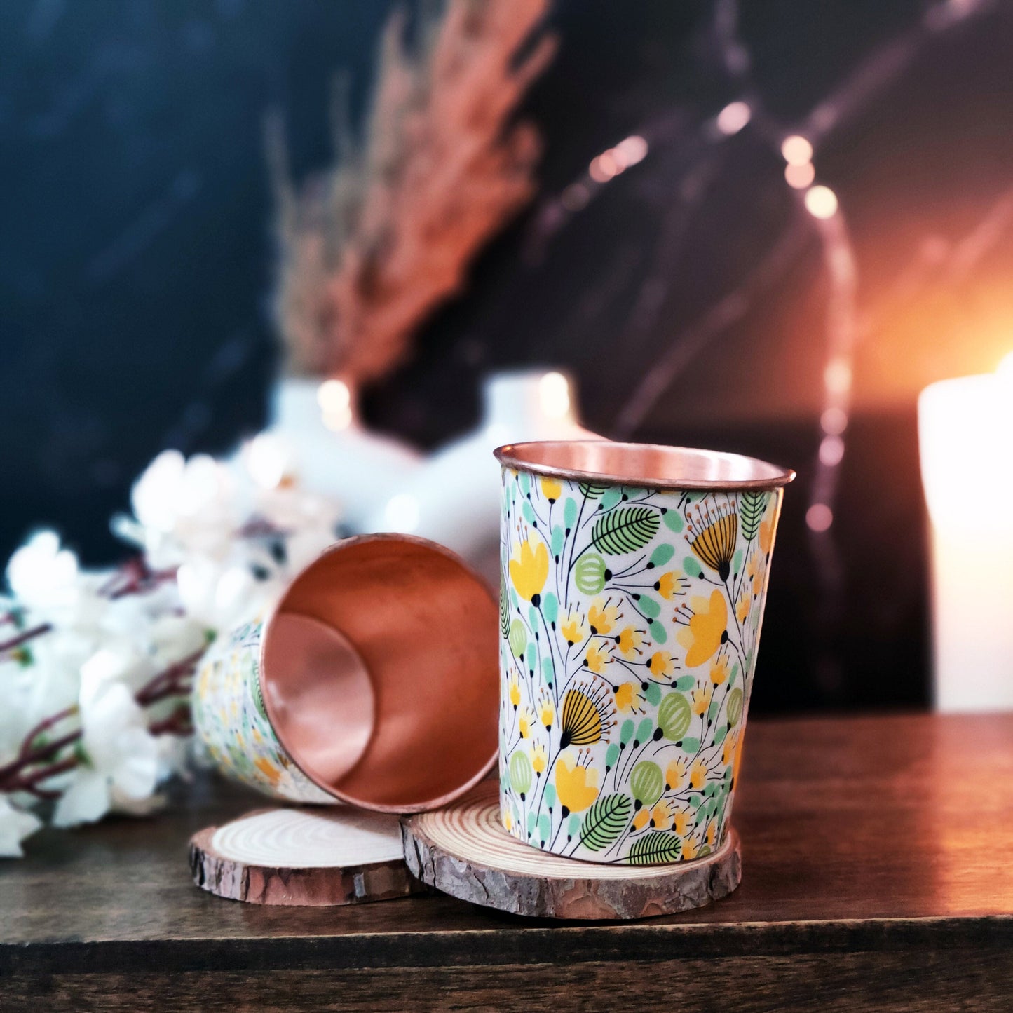 Yellow Flower Print Copper Glass (Set of Two)