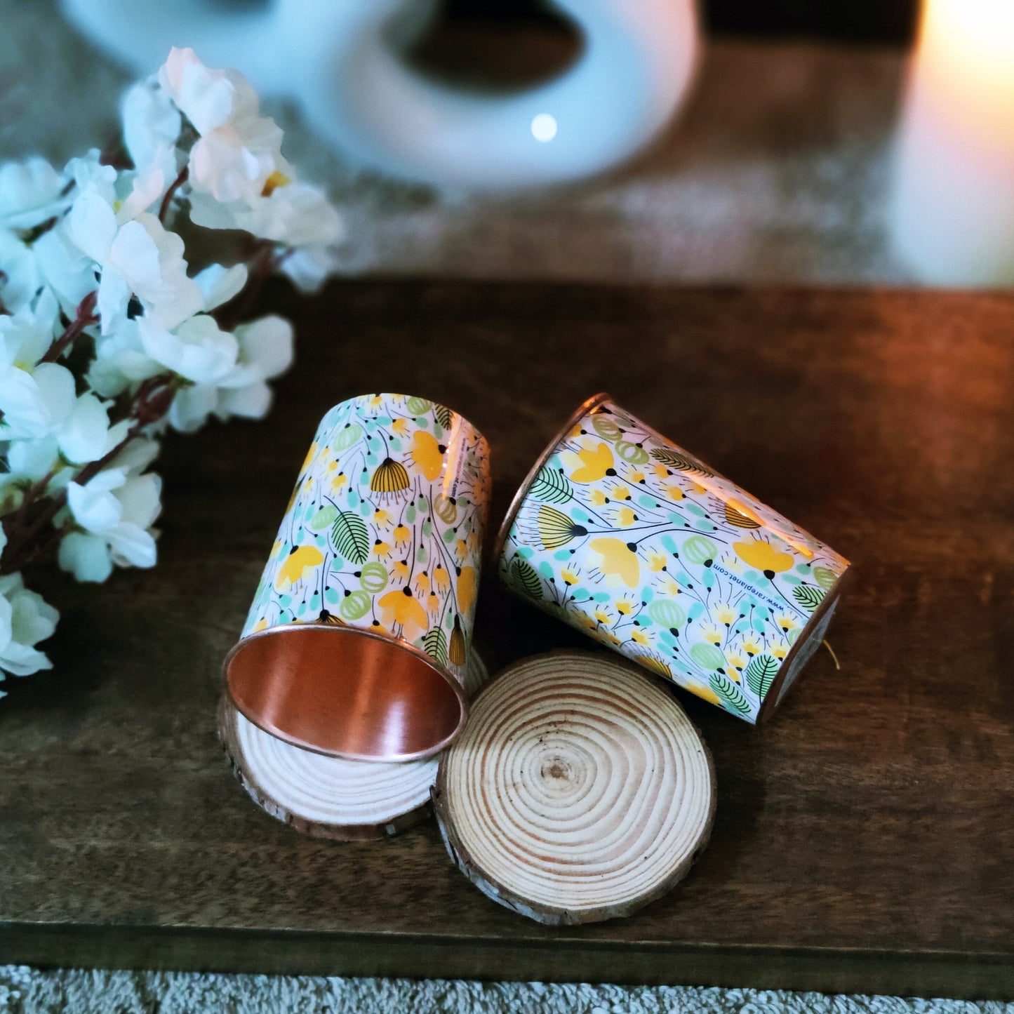 Yellow Flower Print Copper Glass (Set of Two)