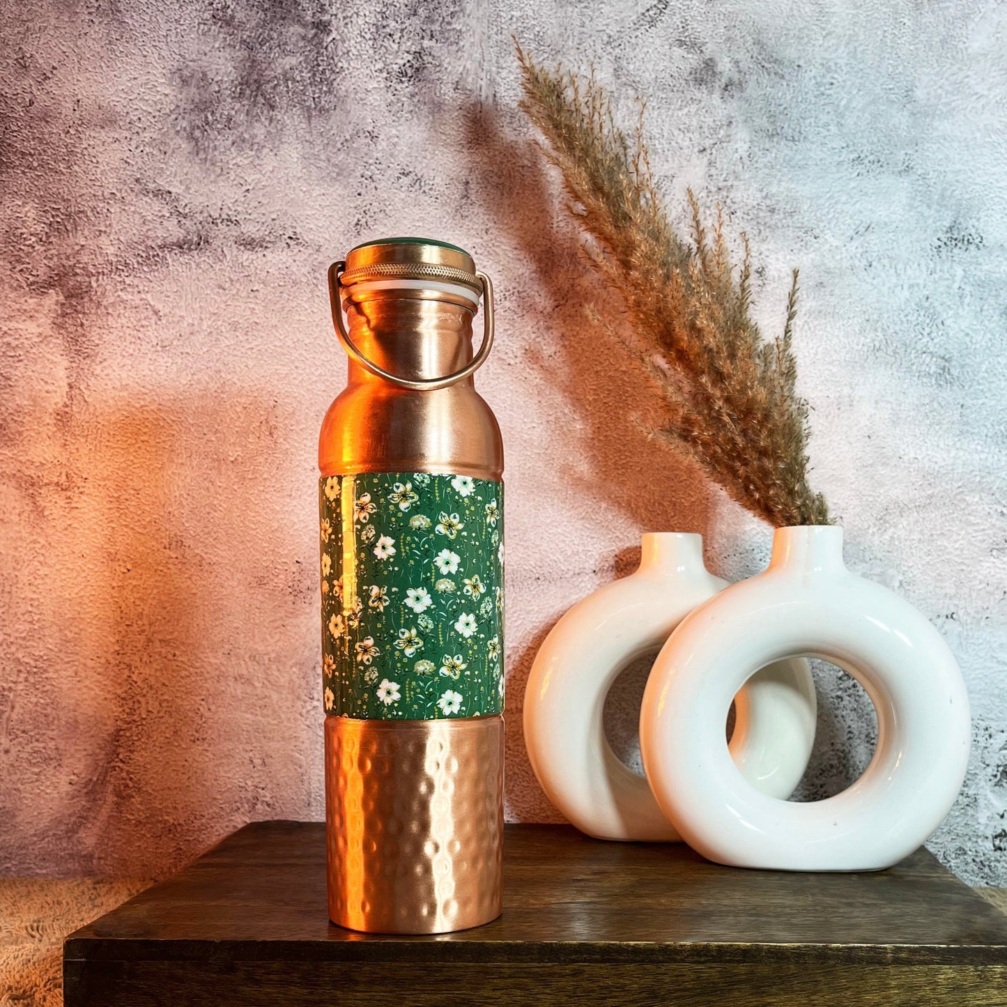 Green Flowers Printed Copper Bottle