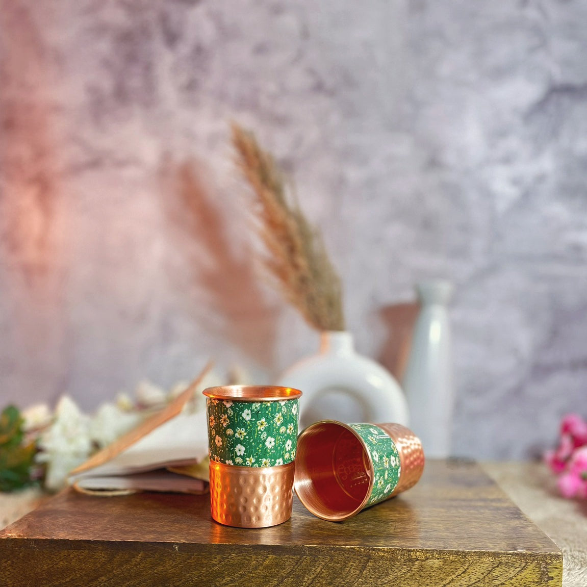 Green Flowers Printed Copper Glass (Set of Two)