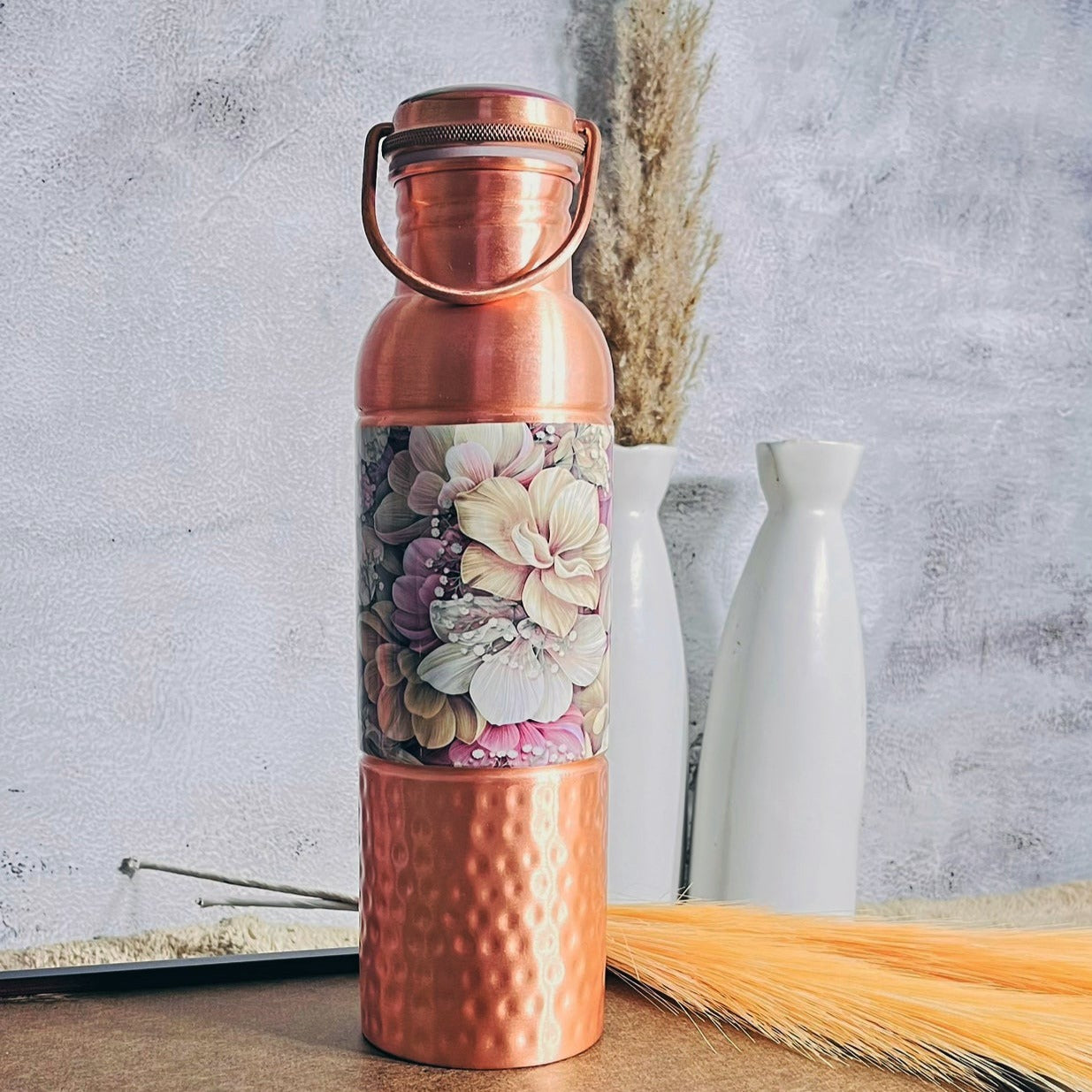 Pink Flowers Printed Copper Bottle