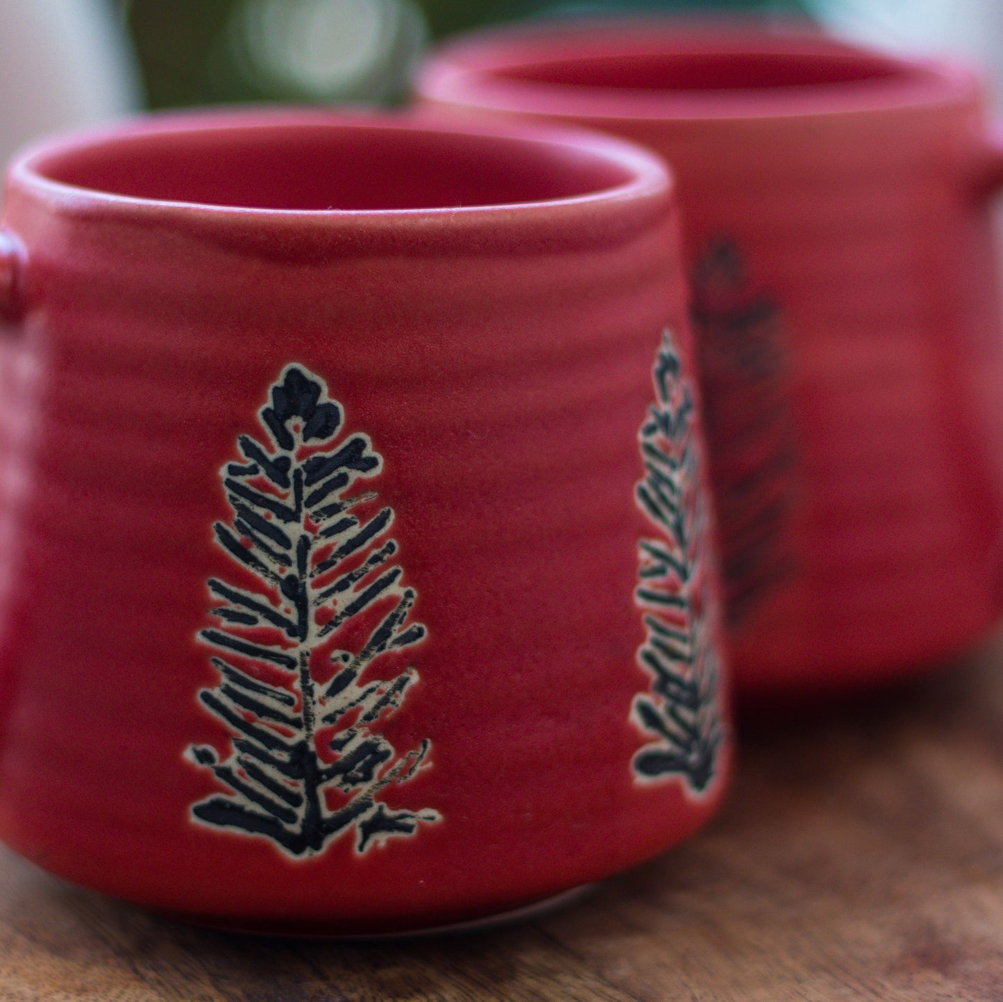 Handcrafted Red Ceramic Mugs with Leaf Design, Set of 2