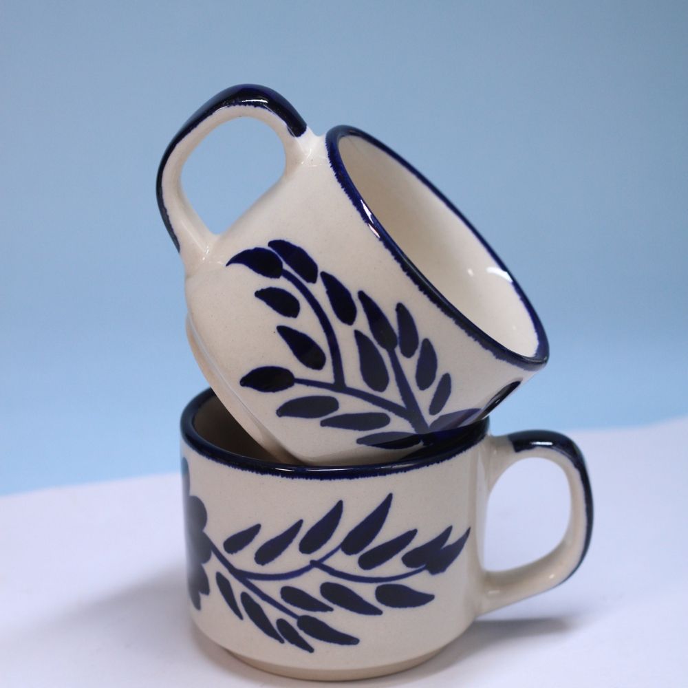 Handcrafted Ceramic Tea Cup Set of -2 Blue Floral Design