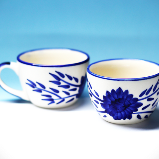 Handcrafted Ceramic Coffee Mug Set of 2- Blue Floral Design