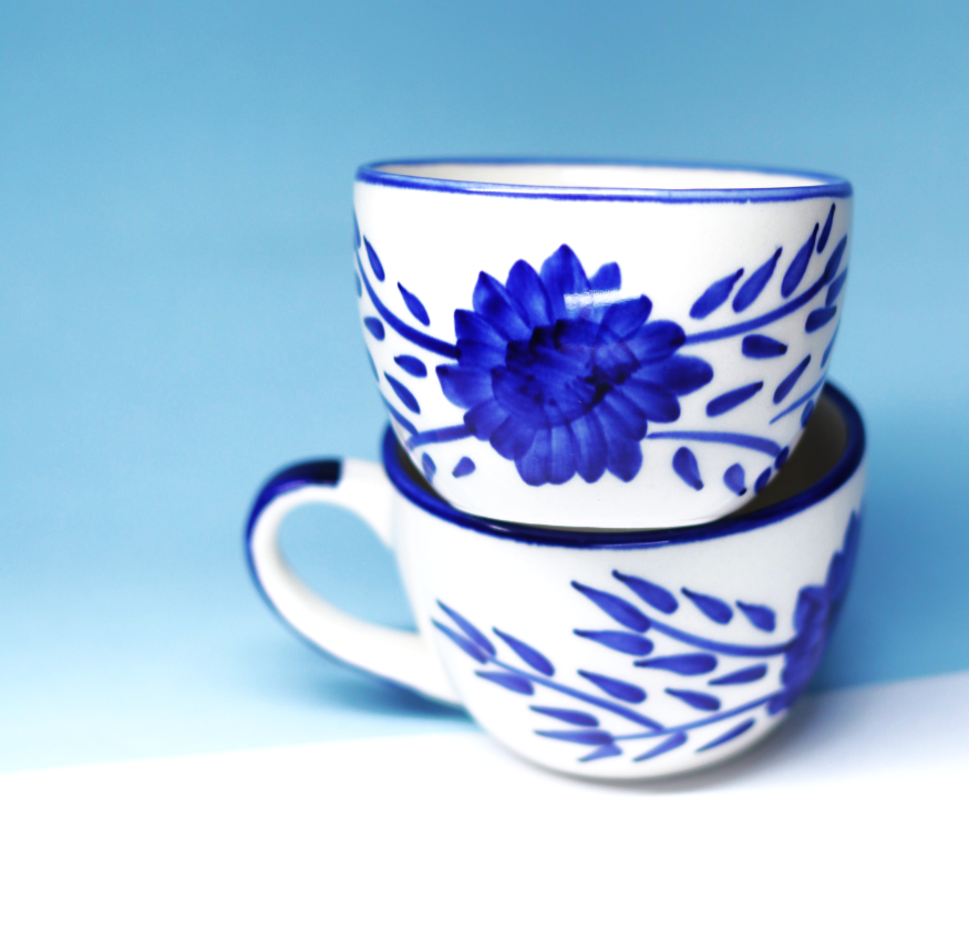 Handcrafted Ceramic Coffee Mug Set of 2- Blue Floral Design