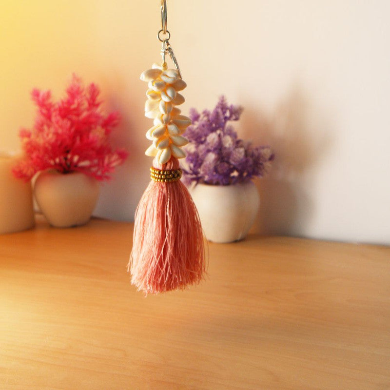Handmade Peach Tassel Keychain with White Shell Beads.