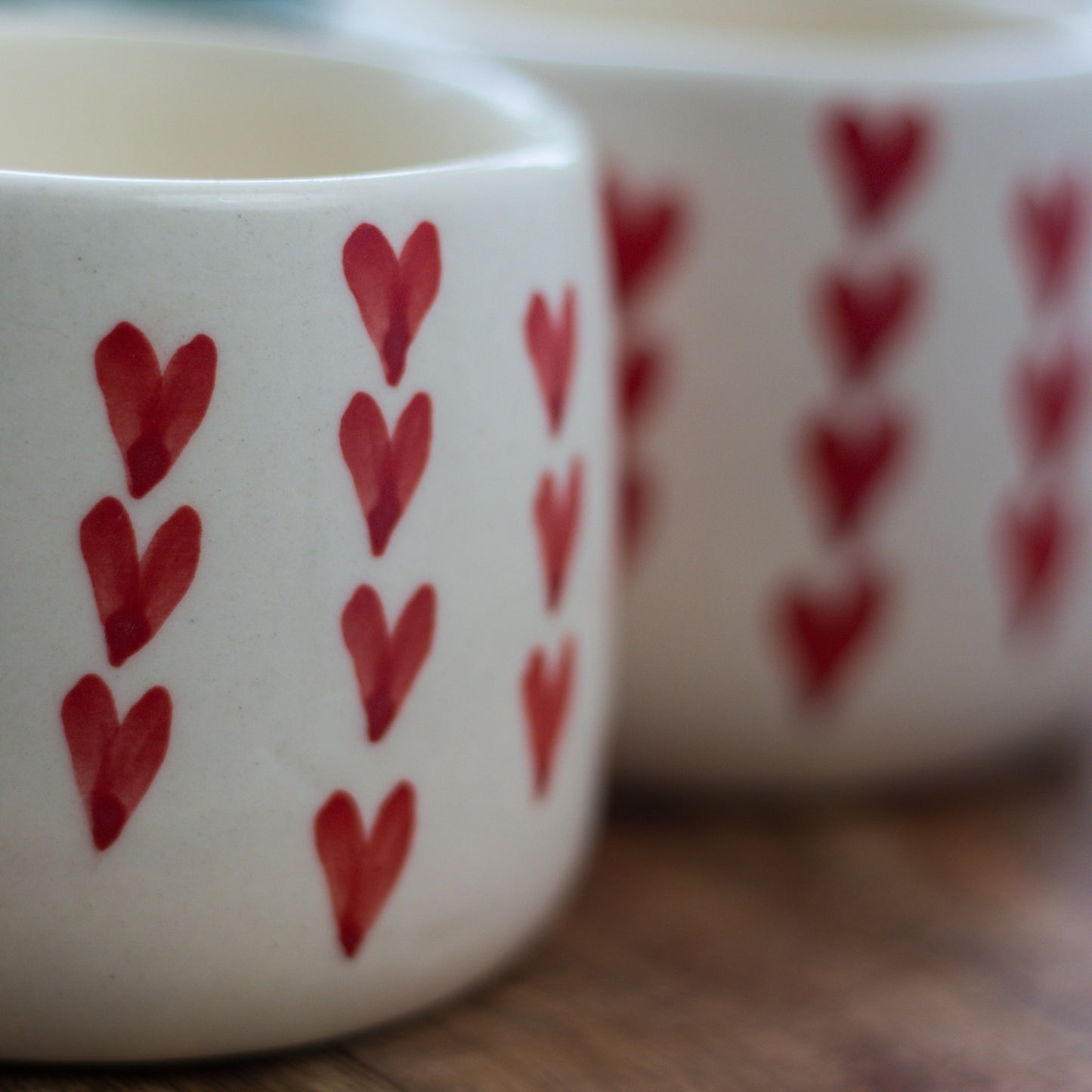 Handcrafted Ceramic Mugs with Red Hearts, Set of 2