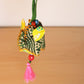 Handcrafted Green Fabric Elephant Keychain with Pink Tassel and Beads.