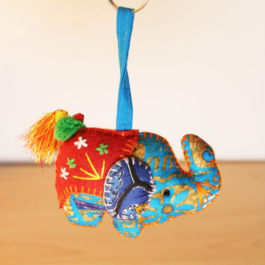 Colorful Fabric Elephant Keychain with Embroidery and Tassel.