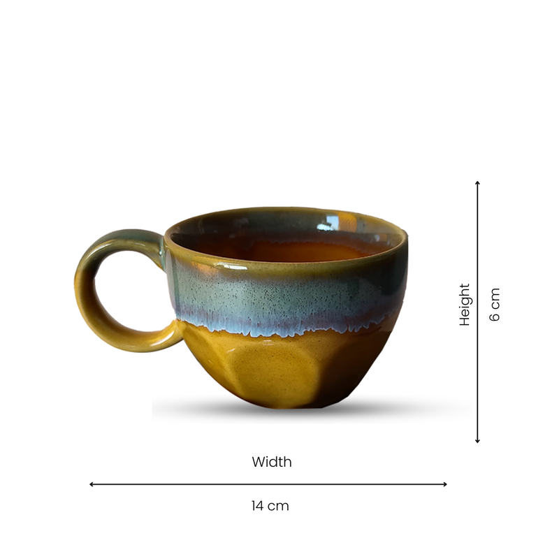 "Handcrafted Ceramic Cup with Vibrant Glaze on Unique Drip Saucer"