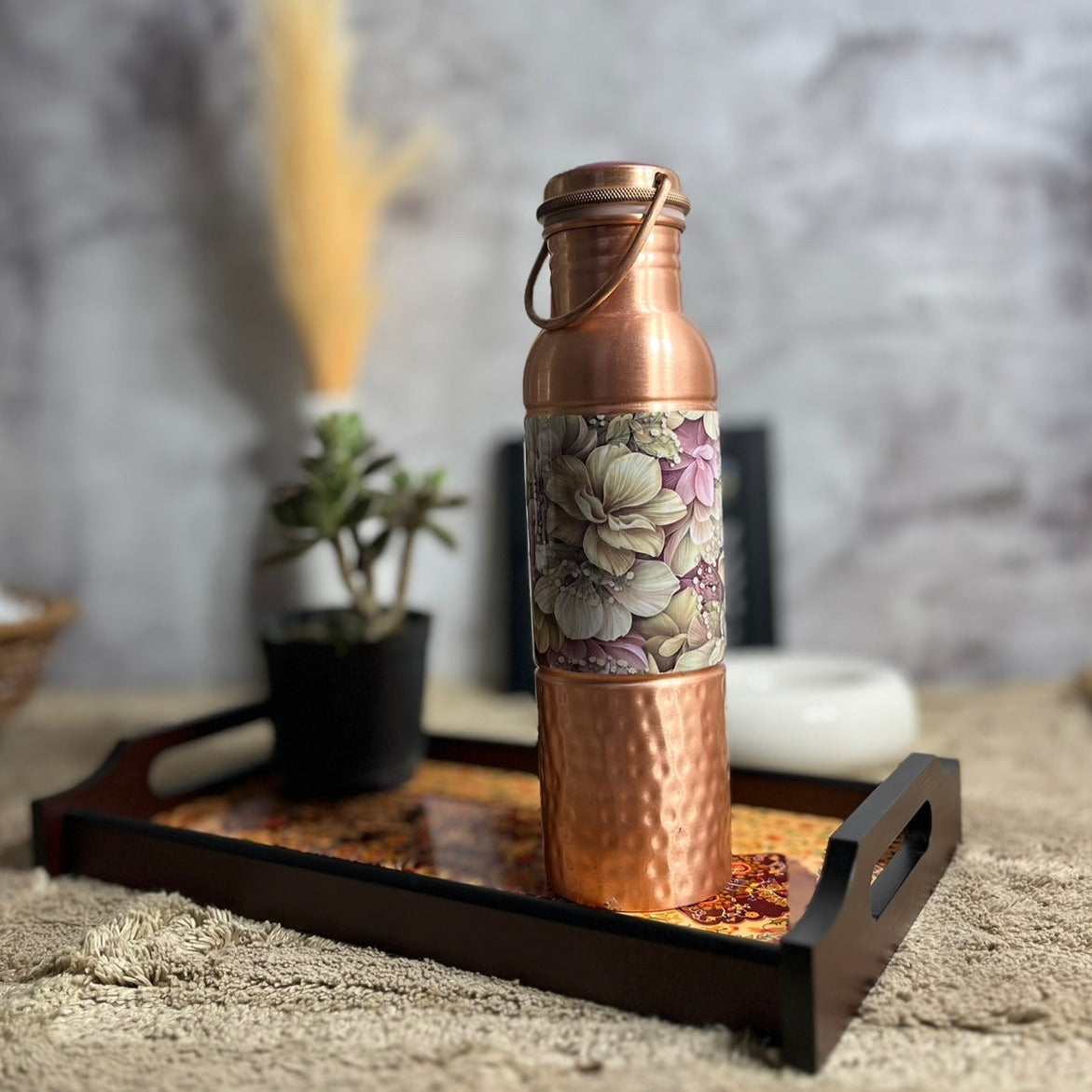 Pink Flowers Printed Copper Bottle