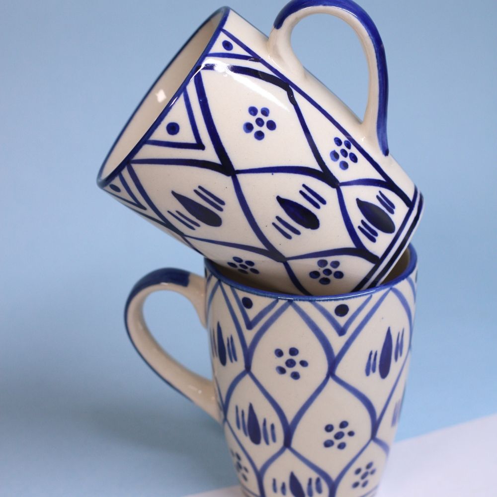 Handcrafted Ceramic Coffee Mugs Set of -2  Blue Pattern Design