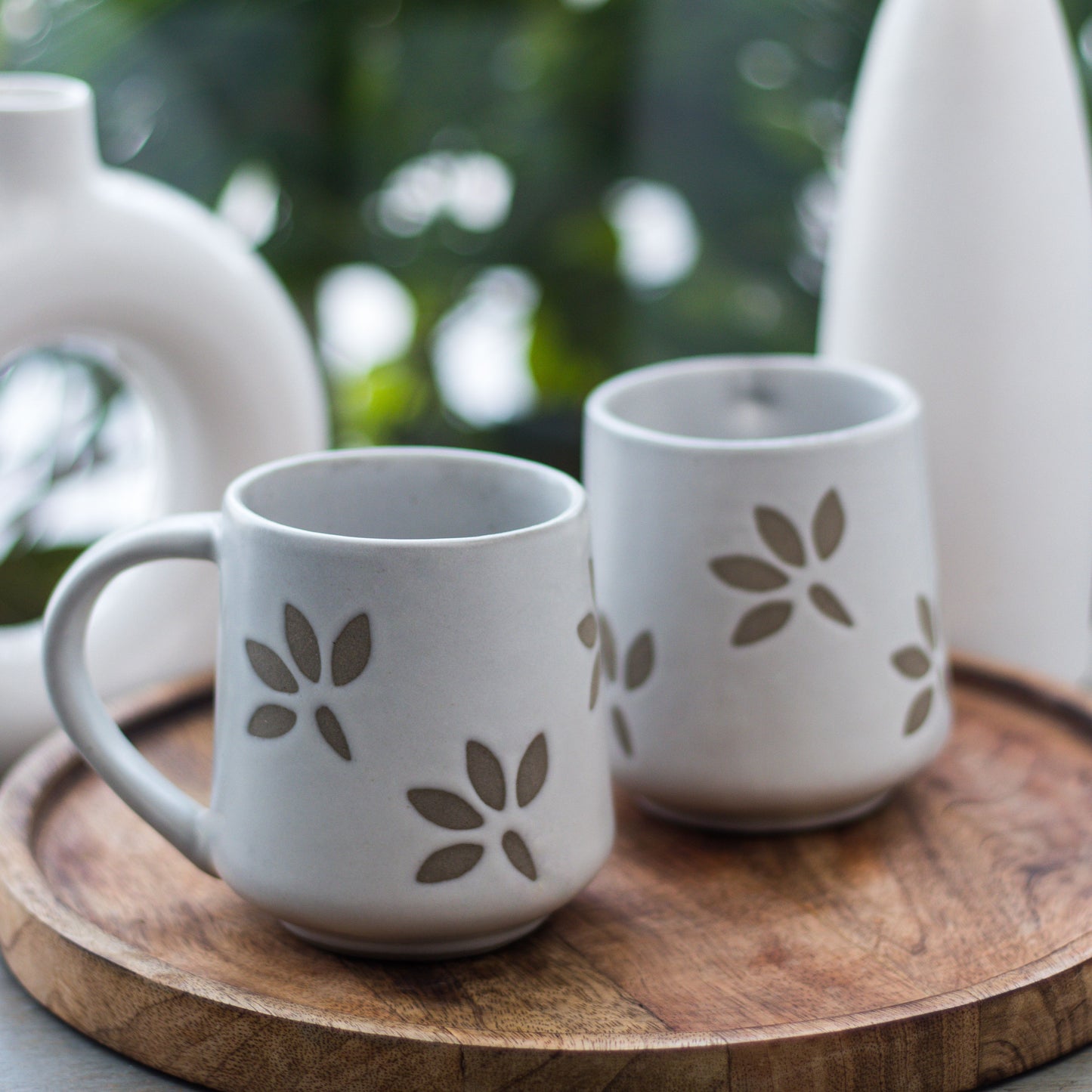 Handcrafted Ceramic Mugs with Floral Cutout, Set of 2