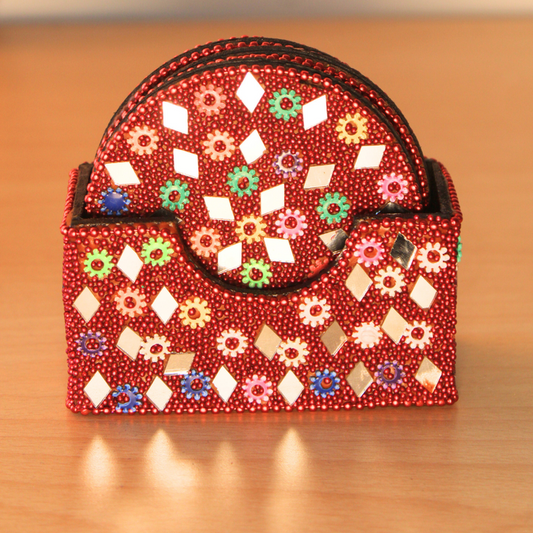 Colorful Embellished Coaster Set with Decorative Holder.