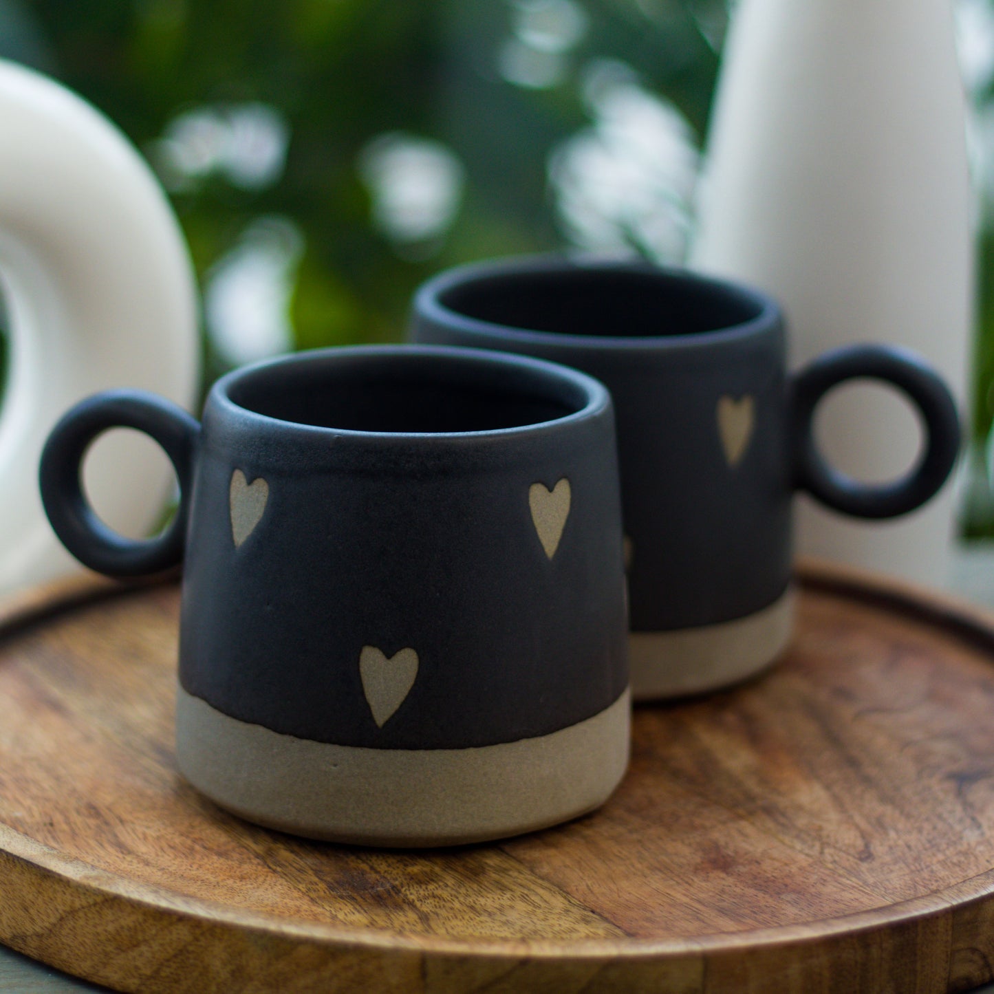 Handcrafted Black Ceramic Mugs with Heart Design, Set of 2