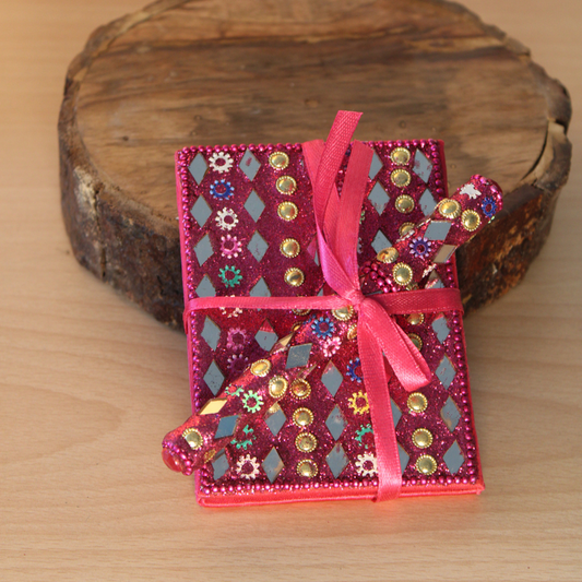 Handcrafted Embellished Notebook with Matching Pen and Ribbon Tie.