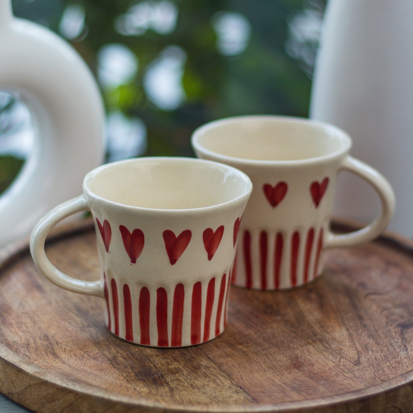 Handcrafted Ceramic Mugs with Red Heart Design, Set of 2